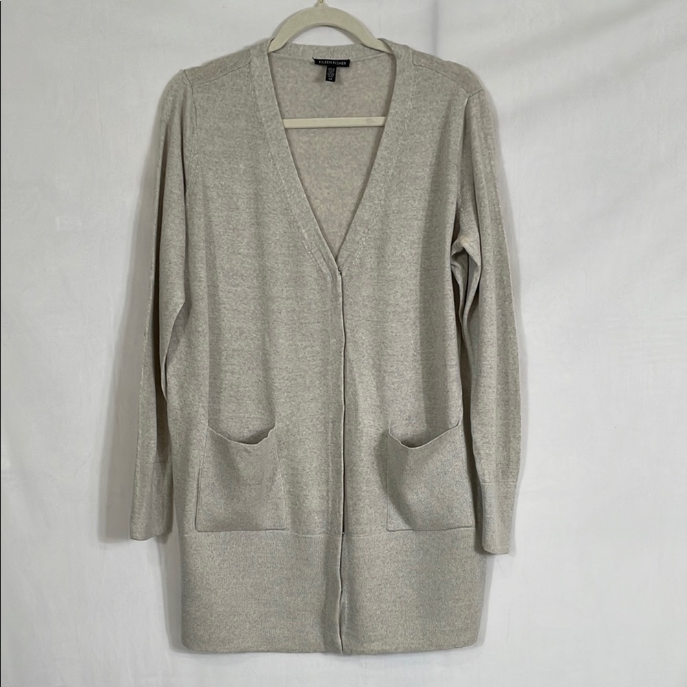 Eileen Fisher Cardigan Sweater Coat Size S 100% Merino Wool Light Gray EUC